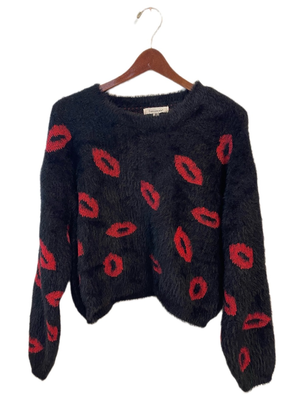 Francesca’s Sweater L Black Fuzzy Knit Red Lips Graphic Crew Neck Pullover